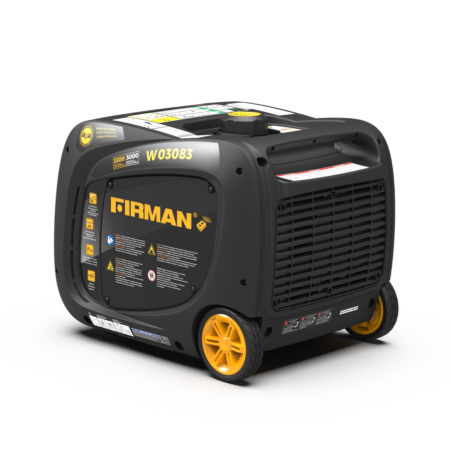 Black and yellow FIRMAN Power Equipment Inverter Portable Generator 3300W Remote Start on a white background.