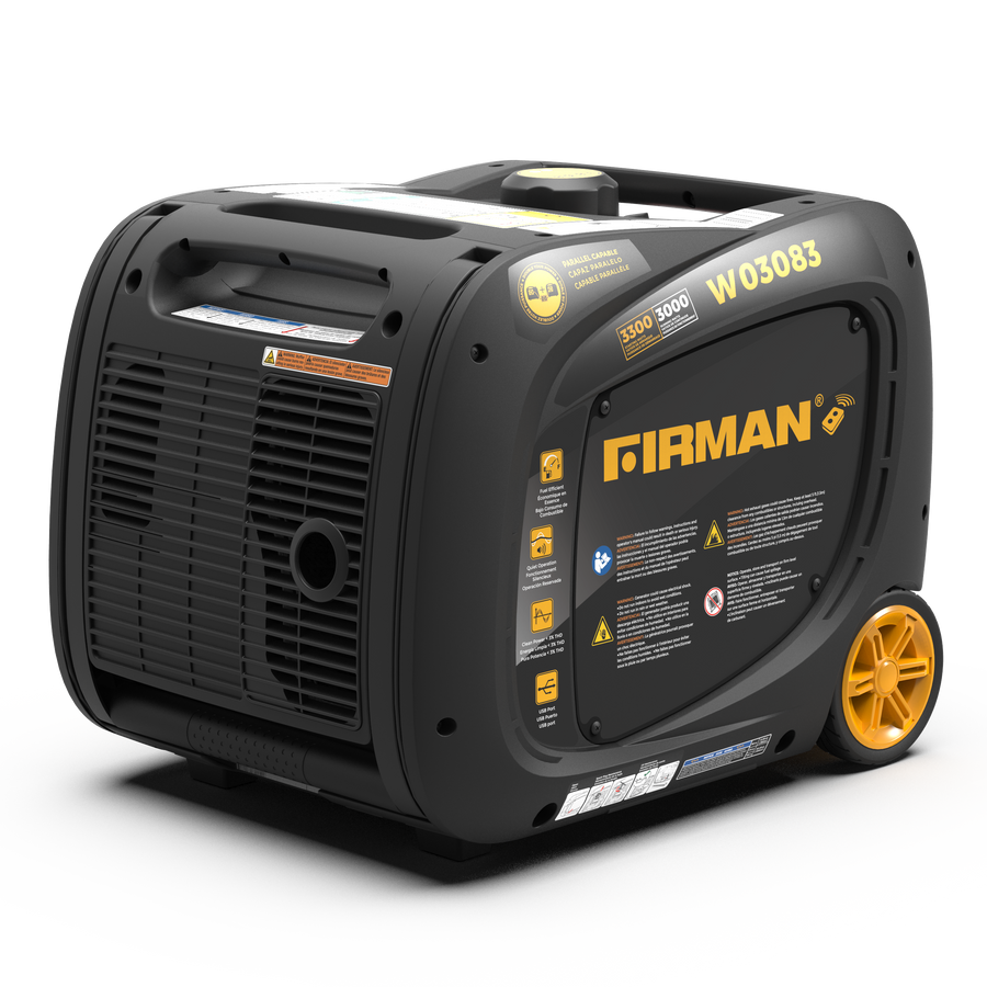 Inverter Portable Generator 3300W Remote Start by FIRMAN Power Equipment on a white background, featuring a black and yellow color scheme with visible control labels and wheels.