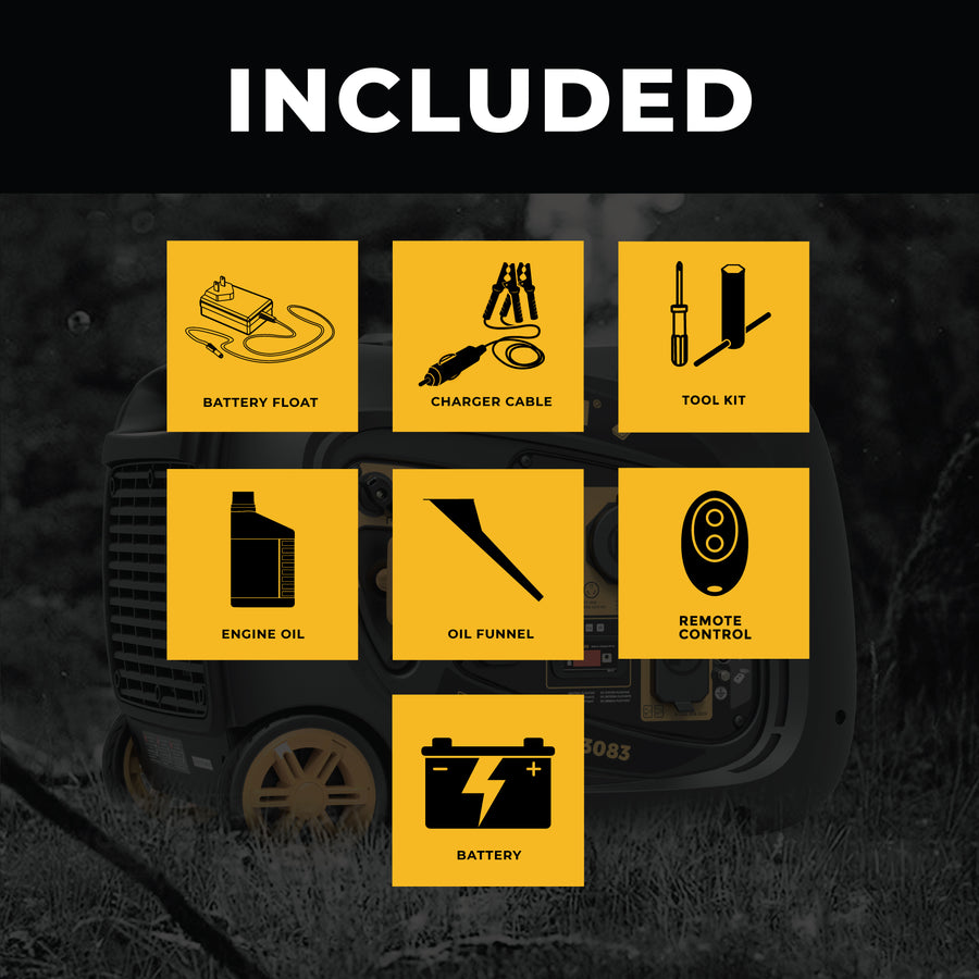 Graphic showing accessories included with a FIRMAN Power Equipment Inverter Portable Generator 3300W Remote Start: battery float, charger cable, tool kit, engine oil, oil funnel, remote control, and battery.
