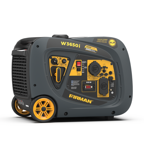 Portable FIRMAN Power Equipment W03381 gas inverter portable generator with yellow and black accents on wheels, featuring multiple power outlets and a clean sine wave control panel.