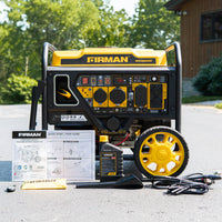 A FIRMAN Power Equipment Inverter Open Frame Portable Generator 4500W Remote Start with CO Alert displayed outdoors with its manual, a bottle of oil, wheels, and power cords arranged around it.