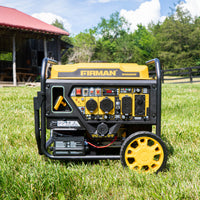 A fuel-efficient FIRMAN Power Equipment Inverter Open Frame Portable Generator 4500W Remote Start with CO Alert on grass, featuring a yellow and black color scheme, with a barn in the background.