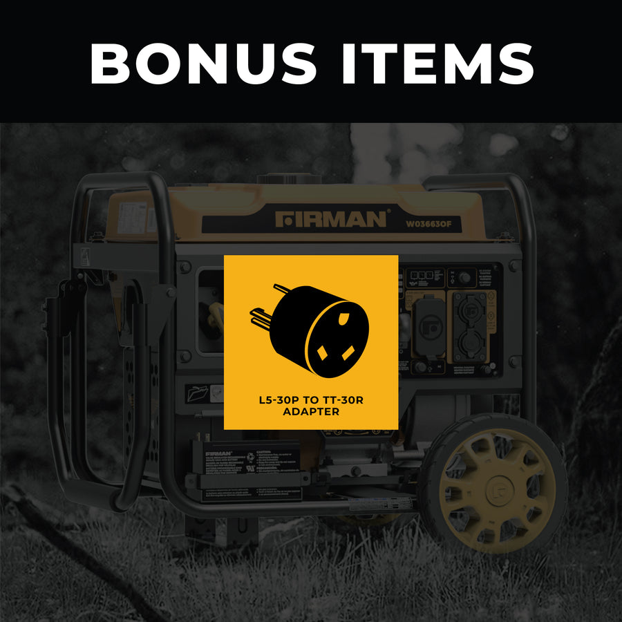 Portable FIRMAN Power Equipment Inverter Open Frame Portable Generator 4500W Remote Start with CO Alert generator with a "bonus items" label and an illustration of an l5-30p to tt-30r adapter.