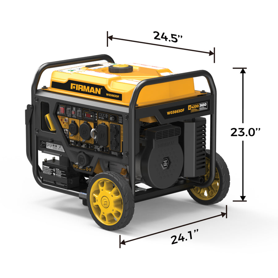 Yellow and black FIRMAN Power Equipment Inverter Open Frame Portable Generator W03663OF 4500W Remote Start with CO Alert with labeled dimensions on white background.