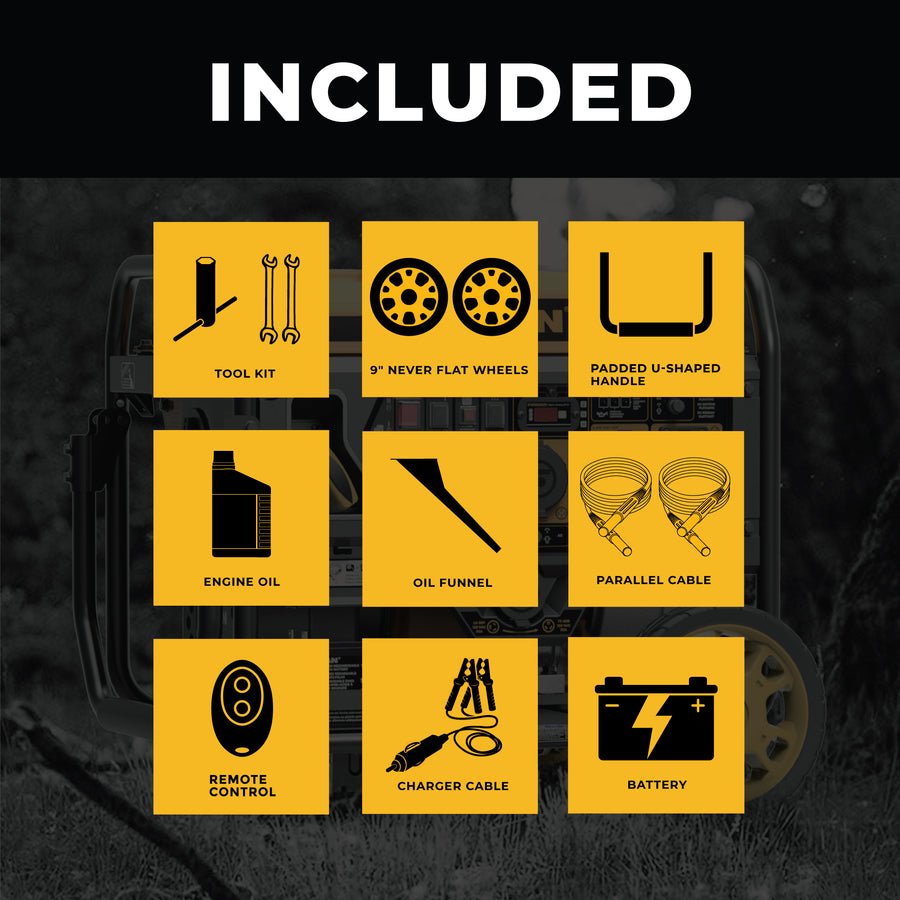 Graphic showing items included with the FIRMAN Power Equipment Inverter Open Frame Portable Generator 4500W Remote Start with CO Alert product: toolkit, wheels, handle, engine oil, oil funnel, parallel cable, remote control, charger cable, and battery, all icons.