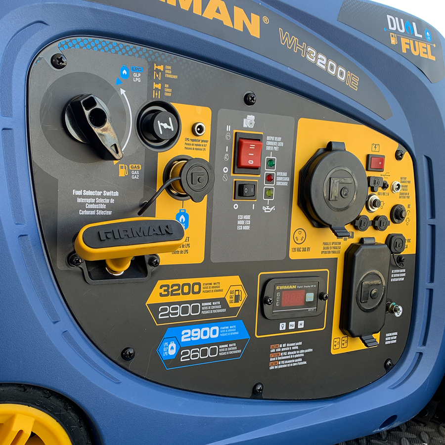 Close-up of a blue and yellow FIRMAN Power Equipment Dual Fuel Inverter Portable Generator 3200W Electric Start control panel from the Whisper Hybrid Dual Fuel Generator Series, displaying various switches, ports, and fuel selection buttons.