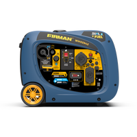 Blue and yellow FIRMAN Power Equipment Dual Fuel Inverter Portable Generator 3200W Electric Start on a white background.