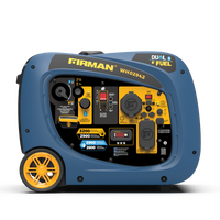 Blue and yellow FIRMAN Power Equipment Refurbished Dual Fuel Inverter 3200W Electric Start portable generator with digital display and multiple outlets on a striped background.