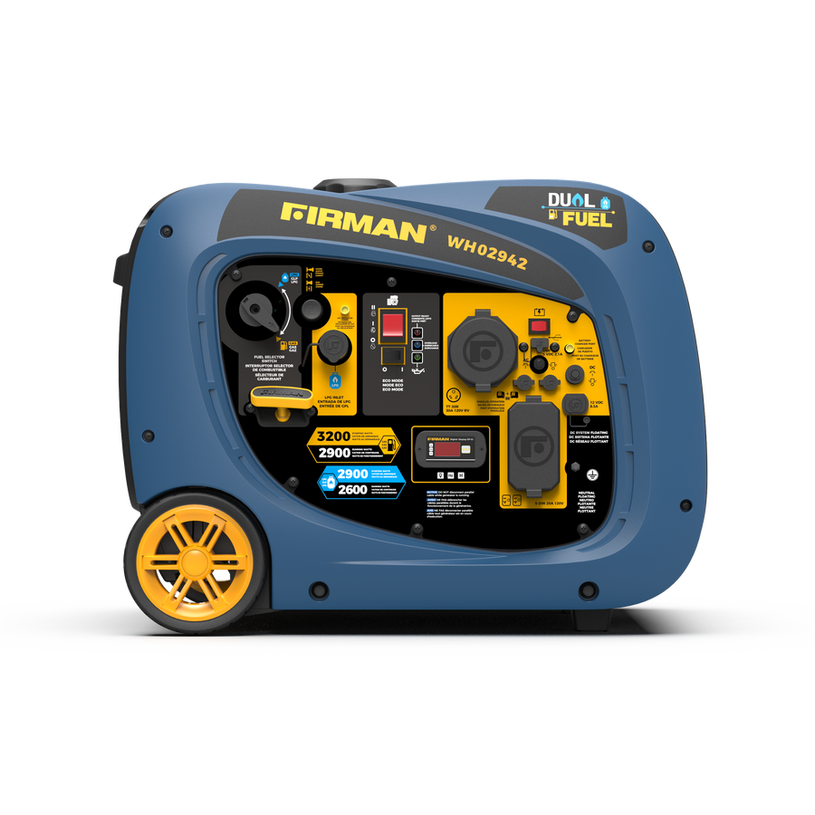 Blue and yellow FIRMAN Power Equipment Dual Fuel Inverter Portable Generator 3200W Electric Start on a white background.
