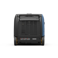 Rear view of the FIRMAN Power Equipment Dual Fuel Inverter Portable Generator 3200W Electric Start from the Whisper Hybrid Dual Fuel Generator Series, highlighting its sturdy handle, ventilation grille, and warning labels on a white background.