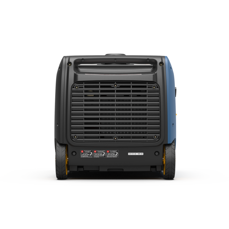 Rear view of the FIRMAN Power Equipment Dual Fuel Inverter Portable Generator 3200W Electric Start from the Whisper Hybrid Dual Fuel Generator Series, highlighting its sturdy handle, ventilation grille, and warning labels on a white background.