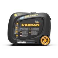 Black and yellow FIRMAN Power Equipment WH02942 Whisper Hybrid Dual Fuel Inverter Portable Generator 3200W Electric Start on a white background, side view showing control panel and wheels.