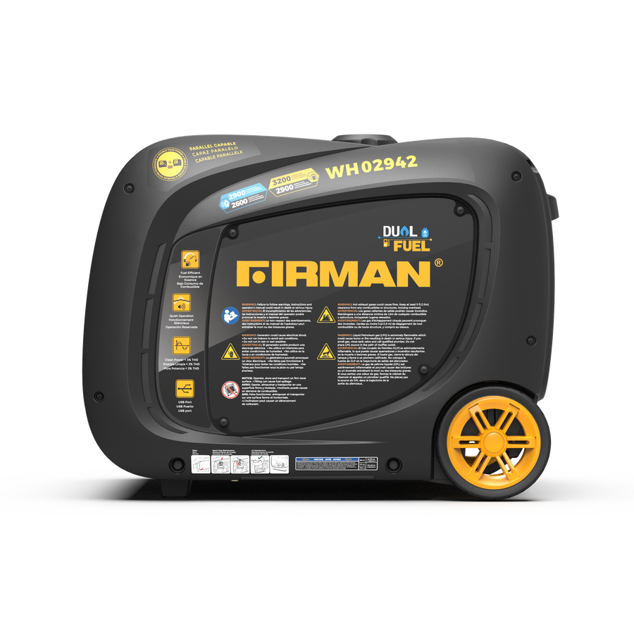 Black and yellow FIRMAN Power Equipment WH02942 Whisper Hybrid Dual Fuel Inverter Portable Generator 3200W Electric Start on a white background, side view showing control panel and wheels.
