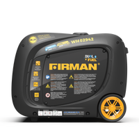Black and yellow FIRMAN Refurbished Dual Fuel Inverter 3200W Electric Start with safety labels and control instructions on its side.
