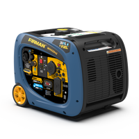 Portable FIRMAN Power Equipment Dual Fuel Inverter Generator Series with blue casing and yellow wheels, featuring multiple outlets and control knobs.