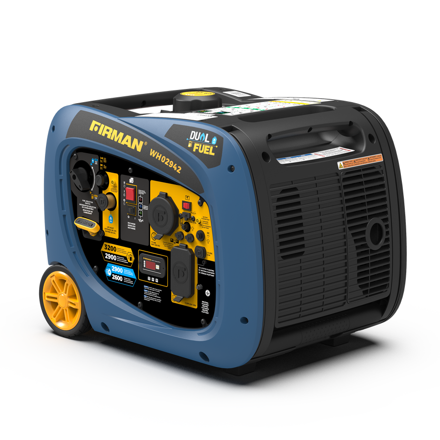 Portable FIRMAN Power Equipment Dual Fuel Inverter Generator Series with blue casing and yellow wheels, featuring multiple outlets and control knobs.