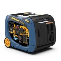 Blue and black FIRMAN Power Equipment Refurbished Dual Fuel Inverter 3200W Electric Start generator with wheels and digital controls on a white background.