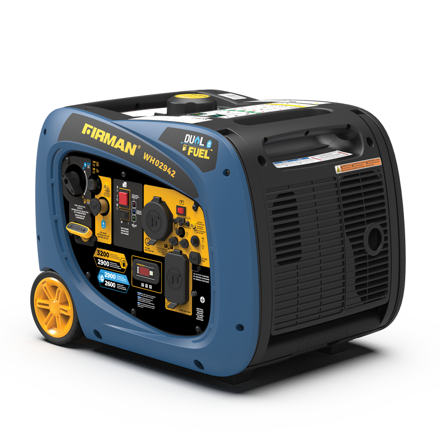 Blue and black FIRMAN Power Equipment Refurbished Dual Fuel Inverter 3200W Electric Start generator with wheels and digital controls on a white background.