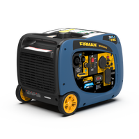 Blue and black FIRMAN WH02942 Dual Fuel Inverter Portable Generator 3200W Electric Start with yellow wheels, isolated on a white background.