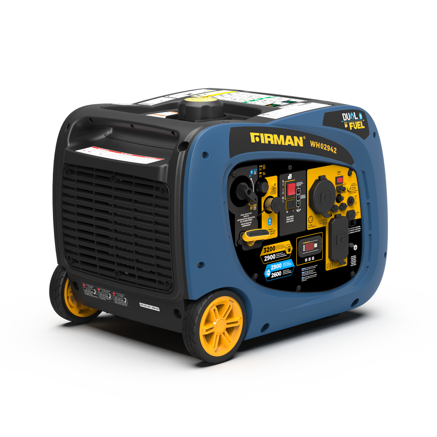 Blue and black FIRMAN WH02942 Dual Fuel Inverter Portable Generator 3200W Electric Start with yellow wheels, isolated on a white background.