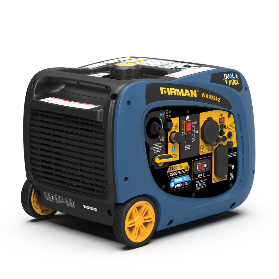 A blue and yellow FIRMAN Power Equipment Refurbished Dual Fuel Inverter 3200W Electric Start generator on a white background.