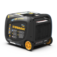 Portable FIRMAN Power Equipment Refurbished Dual Fuel Inverter 3200W Electric Start generator with yellow accents on a white background.