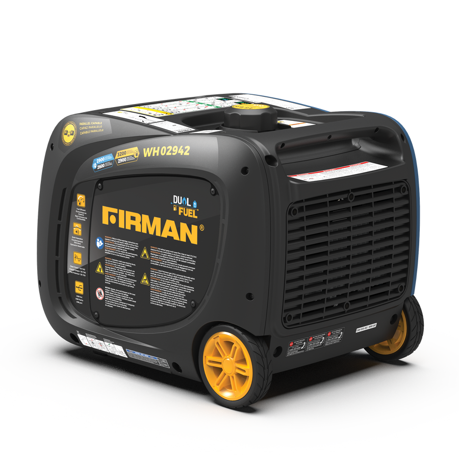 Portable FIRMAN Power Equipment Refurbished Dual Fuel Inverter 3200W Electric Start generator with yellow accents on a white background.