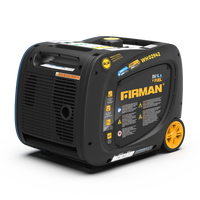 A FIRMAN Power Equipment Dual Fuel Inverter Portable Generator 3200W Electric Start isolated on a white background, featuring prominently displayed safety and operational labels.