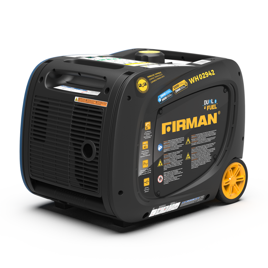 A FIRMAN Power Equipment Dual Fuel Inverter Portable Generator 3200W Electric Start isolated on a white background, featuring prominently displayed safety and operational labels.