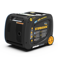 A black and yellow FIRMAN Power Equipment Refurbished Dual Fuel Inverter 3200W Electric Start portable generator on a white background.