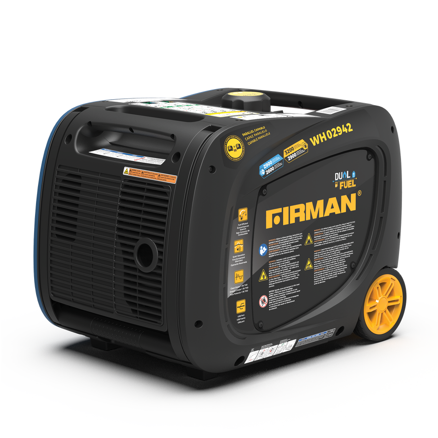 A black and yellow FIRMAN Power Equipment Refurbished Dual Fuel Inverter 3200W Electric Start portable generator on a white background.