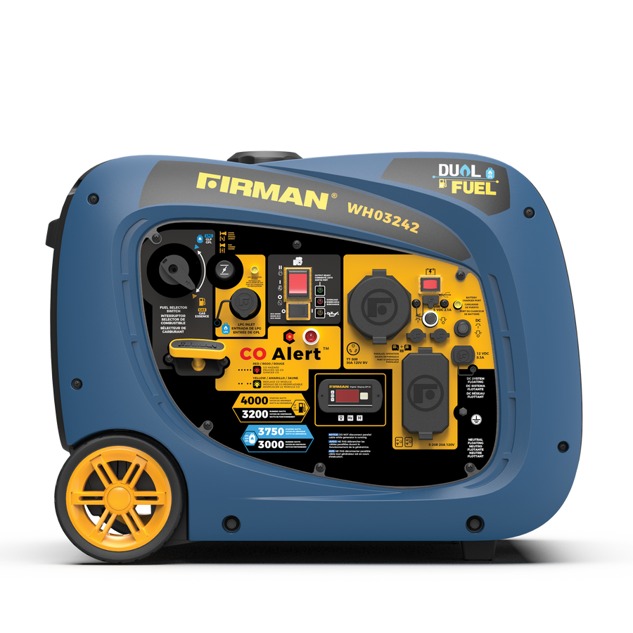 Blue and yellow FIRMAN Power Equipment Refurbished Dual Fuel Inverter 4000W W/ Electric Start RV-ready generator with control panel and wheels, labeled with various power output specifications.