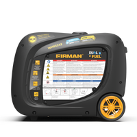 FIRMAN Power Equipment Dual Fuel Inverter Portable Generator 4000W Electric Start with CO ALERT with yellow and black color scheme, featuring control panel and safety instructions, ideal for the Whisper Hybrid Series.