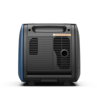 Front view of a portable FIRMAN Power Equipment black and blue air conditioner with visible control panel and vents, suitable as an RV-ready generator.