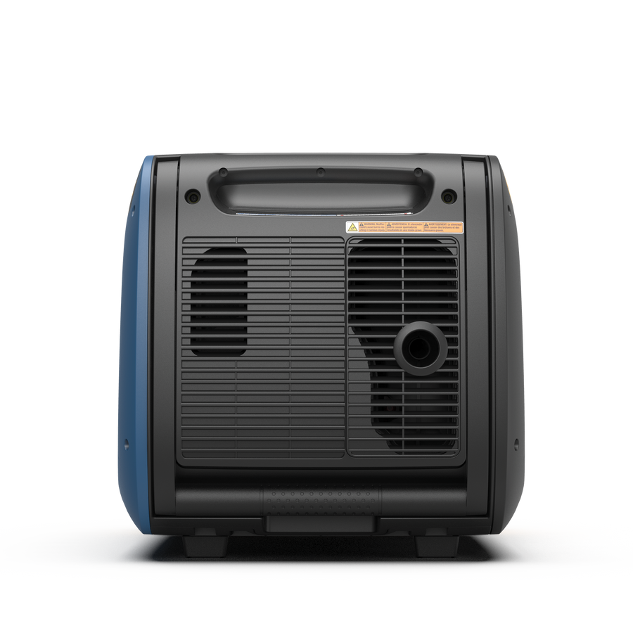 Front view of a portable FIRMAN Power Equipment black and blue air conditioner with visible control panel and vents, suitable as an RV-ready generator.