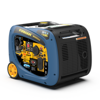 Blue and black FIRMAN Power Equipment Dual Fuel Inverter Portable Generator 4000W Electric Start with CO ALERT with yellow wheels and multiple power output ports.
