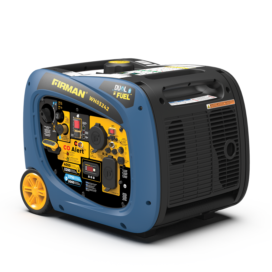 Blue and black portable FIRMAN Power Equipment Dual Fuel Inverter 4000W with Electric Start generator with front control panel and wheels, set against a striped gray backdrop.