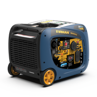 A portable FIRMAN Power Equipment Dual Fuel Inverter Portable Generator 4000W Electric Start with CO ALERT, with a blue and black casing and yellow accents, featuring multiple outlets and digital controls.