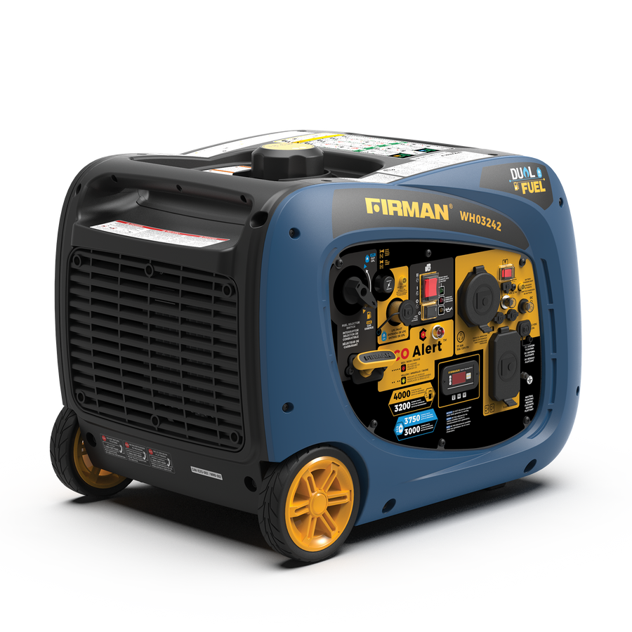 A blue and black portable Refurbished Dual Fuel Inverter 4000W W/ Electric Start generator with yellow accents and digital display, model wh03242 by FIRMAN Power Equipment.