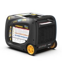 Refurbished FIRMAN Power Equipment Dual Fuel Inverter 4000W W/ Electric Start with yellow accents and multiple outlets, prominently displaying warning and instruction labels, designed for RV use.