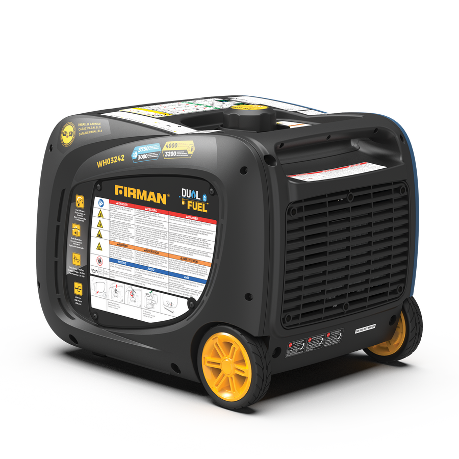 Refurbished FIRMAN Power Equipment Dual Fuel Inverter 4000W W/ Electric Start with yellow accents and multiple outlets, prominently displaying warning and instruction labels, designed for RV use.