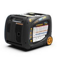 Portable dual-fuel Firman Power Equipment generator with yellow accents and multiple operation labels on the front panel, set against a white background from the Whisper Hybrid Series.