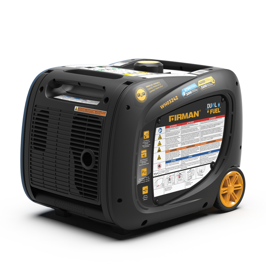 Portable FIRMAN Power Equipment RV-ready dual-fuel generator with black casing and yellow accents, featuring multiple control labels and warnings on its side.