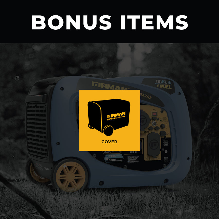 Image of a FIRMAN Dual Fuel Inverter Portable Generator 4000W Electric Start with CO ALERT with a highlighted 'bonus items' text and a graphic overlay indicating an included cover, set against a blurred outdoor background.