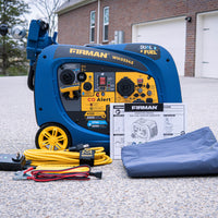 A blue FIRMAN Power Equipment Dual Fuel Inverter Portable Generator 4125W Electric Start with CO ALERT displayed with its accessories including cables and manuals, placed on a concrete surface outdoors.