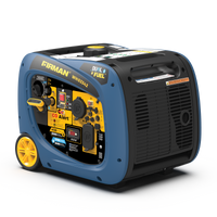 Blue and black portable FIRMAN Power Equipment Whisper Series Generator with yellow wheels and digital display, featuring CO alert system.