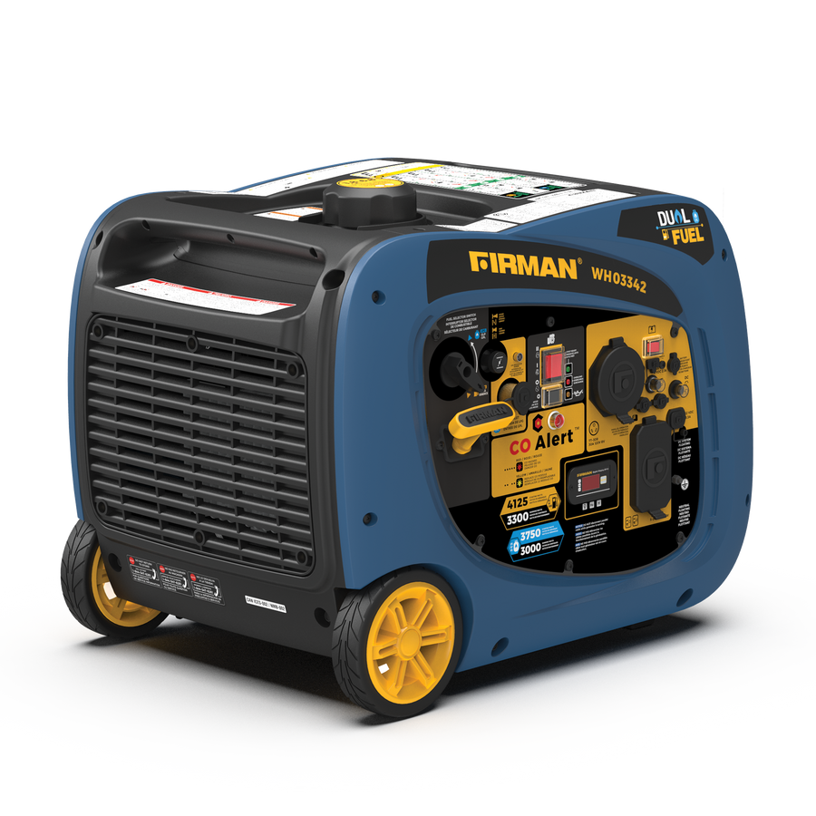 A blue and yellow FIRMAN Power Equipment Dual Fuel Inverter Portable Generator 4125W Electric Start with CO ALERT with multiple outlets and digital displays, set against a striped background.
