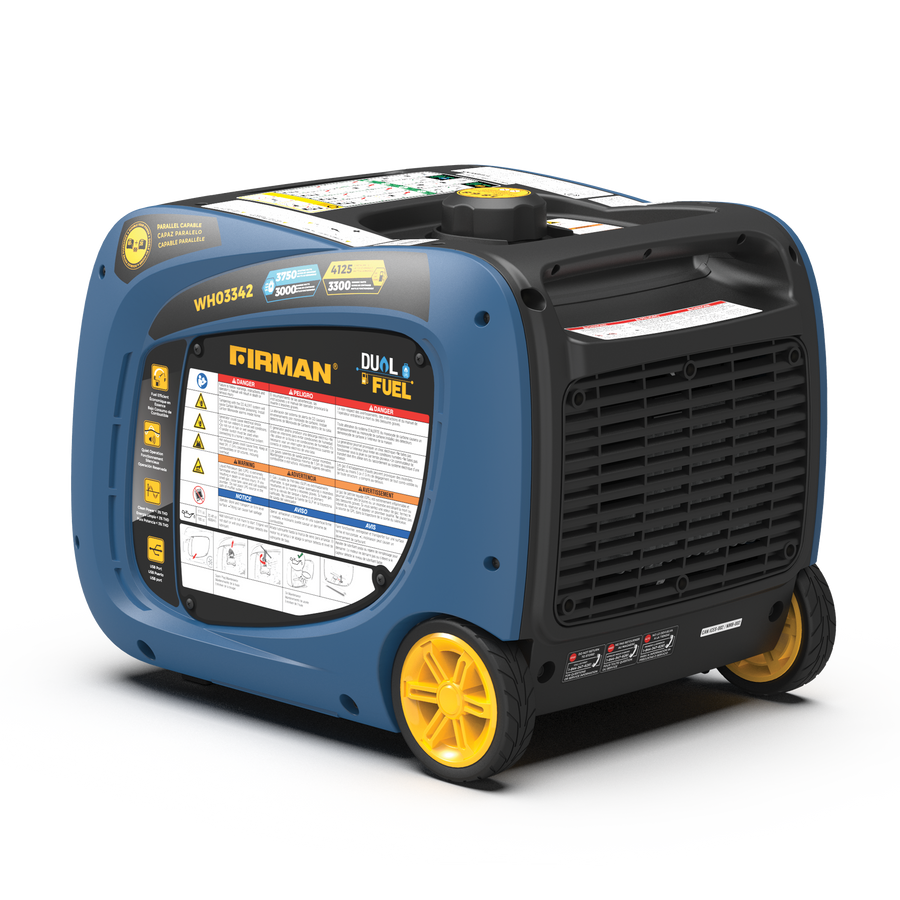 Blue and black FIRMAN Power Equipment Dual Fuel Inverter Portable Generator with yellow wheels on a striped background.