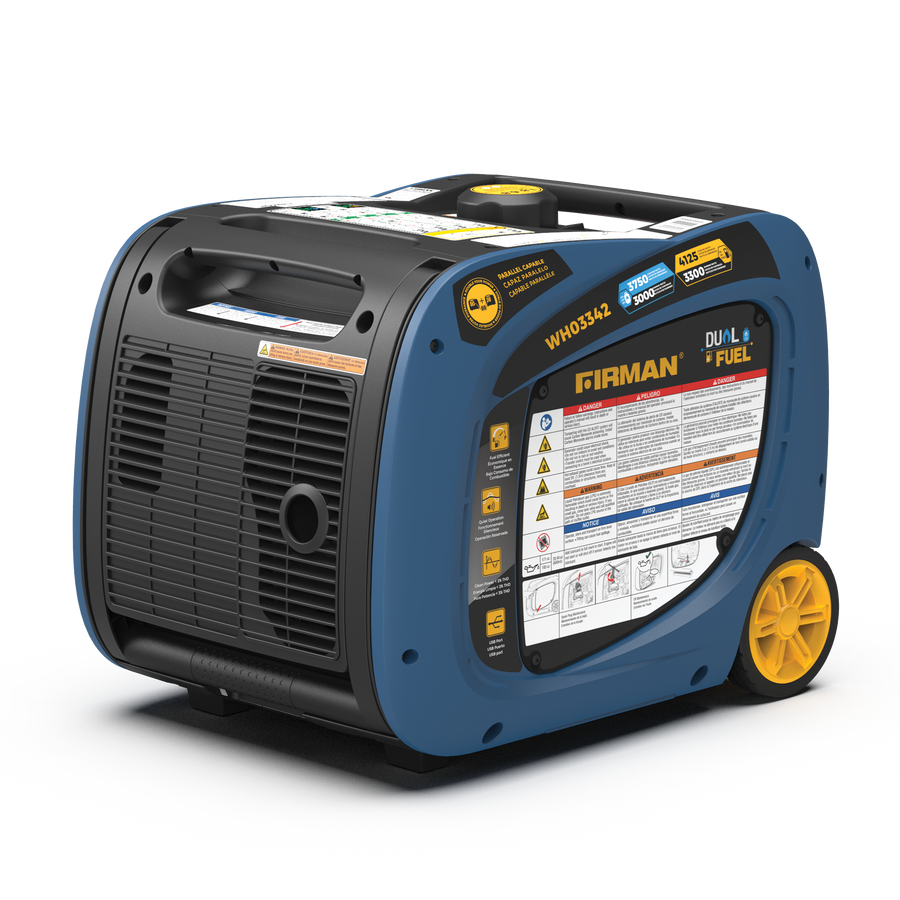 Portable FIRMAN Power Equipment Dual Fuel Inverter Generator 4125W Electric Start with CO ALERT in blue and black with yellow wheels, featuring control panel and various warning labels.