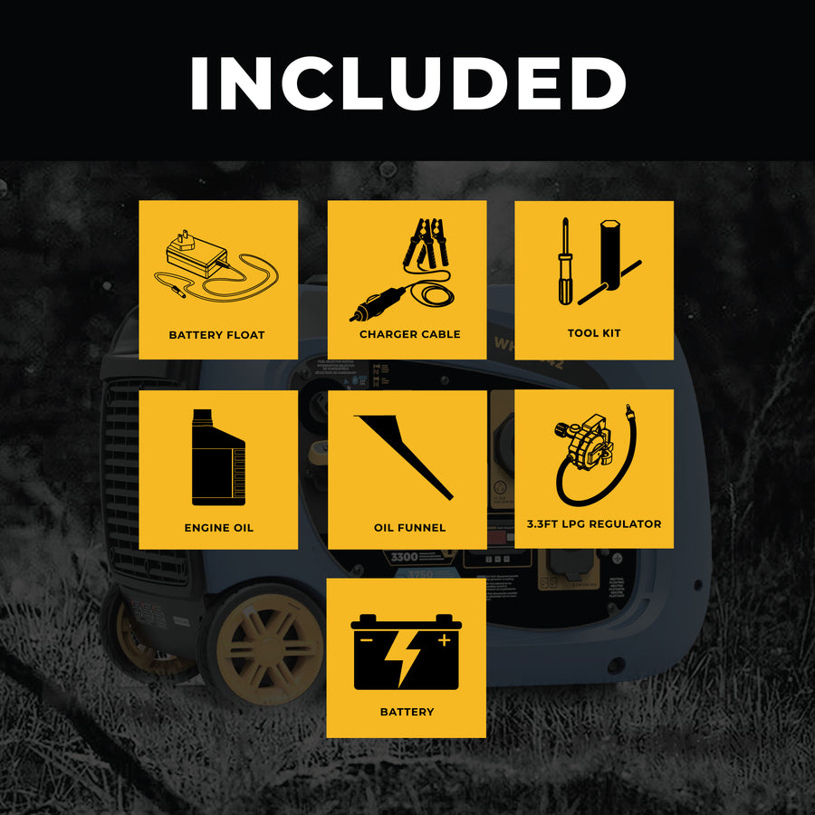 Graphic showing included accessories for a FIRMAN Power Equipment Dual Fuel Inverter Portable Generator 4125W Electric Start with CO ALERT: battery float, charger cable, tool kit, engine oil, oil funnel, 3.3ft LPG regulator, and a battery, all depicted